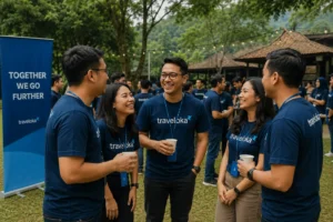 Karyawan berinteraksi dalam kegiatan employee gathering dan corporate outing di Bogor