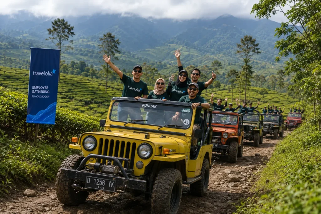 Peserta gathering perusahaan mengikuti jeep offroad di Puncak Bogor sebagai bagian dari program team building